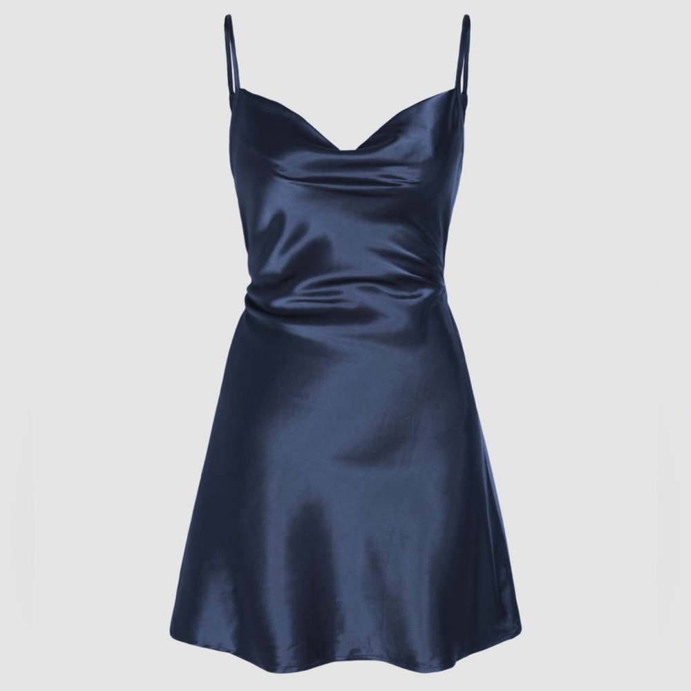Cider - navy blue cowl neck mini dress with waist tie to snatch the waist